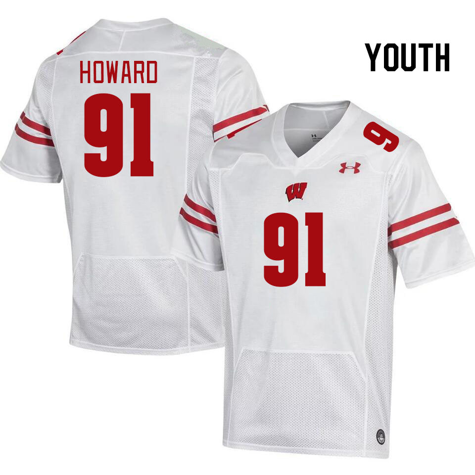 Youth #91 Jamel Howard Wisconsin Badgers College Football Jerseys Stitched Sale-White - Click Image to Close